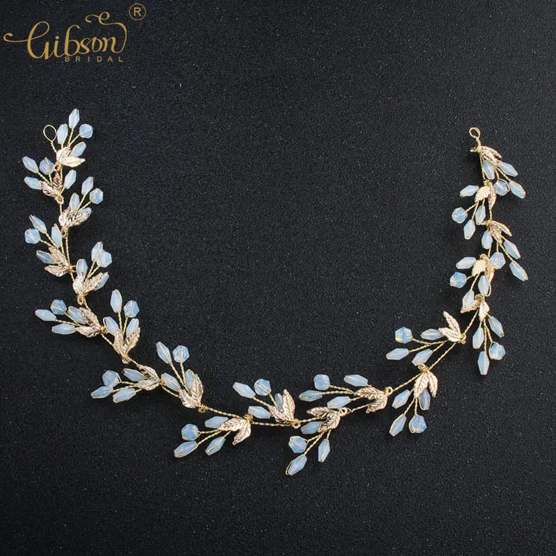 Handmade Light Blue Crystal Headbands Bridal Hair Vine Leaf Headpiece