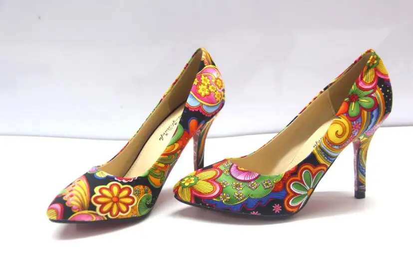 

New shallow mouth high heel women's shoes national wind retro pointed flowers small single shoes