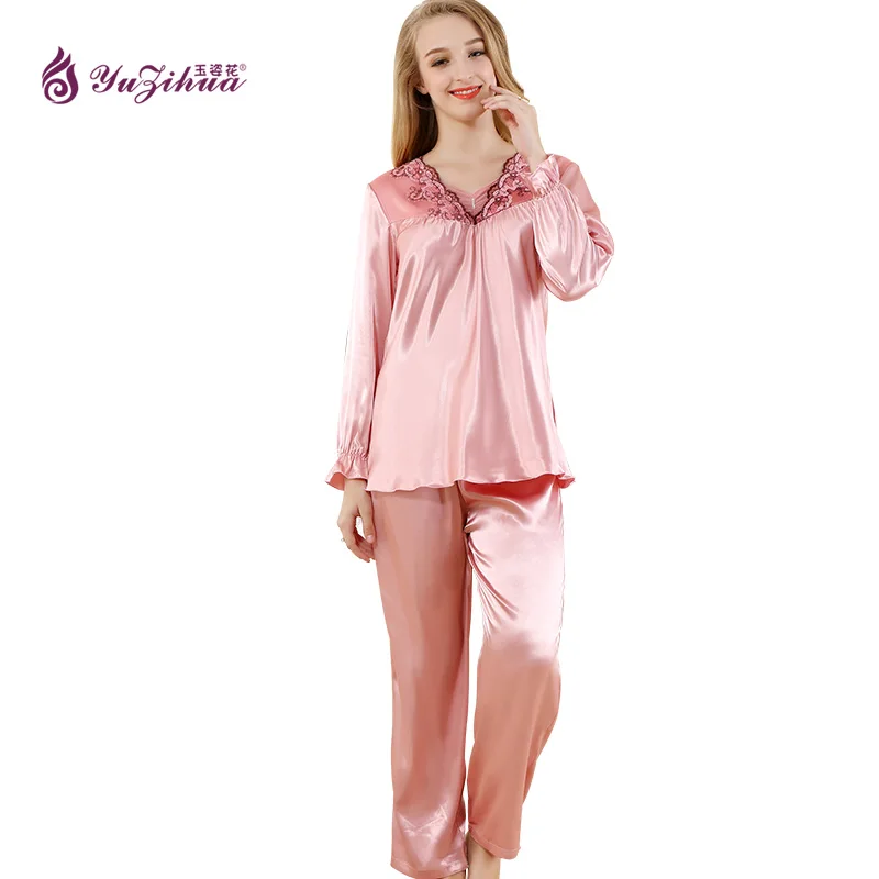 Yuzihua Hot 2017 Sleevepajamas Pants Silk Satin Nightwear Pink Red 