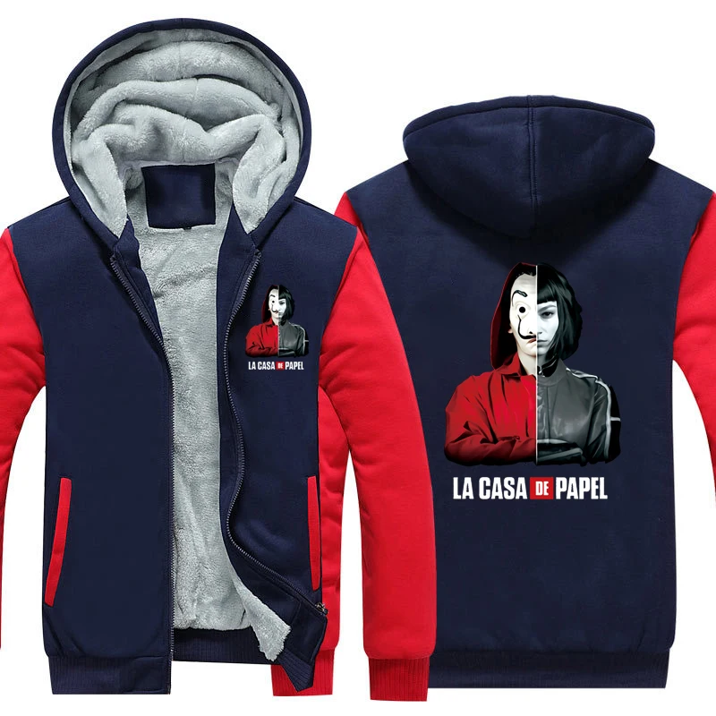 La casa de papel Thicken Hoodie Coat Money Heist Warm Hoodie Dali Mask La casa de papel Fleece Winter Hoodie - Цвет: Red2