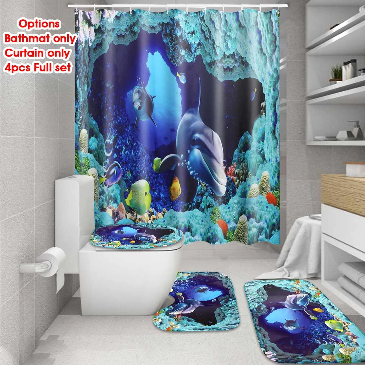 4PCS 180x180cm Waterproof Underwater World Dolphin Shower Curtain Floor Mat With 12 Hooks For Home Bathroom Tub Bathtub Decor