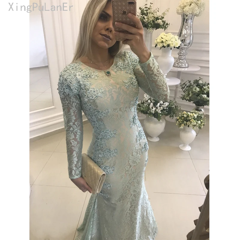 

Mermaid O Neck Long Sleeves Light Blue Lace Evening Dress Pearls Sexy Illusion Back Long Women Party Prom Gowns
