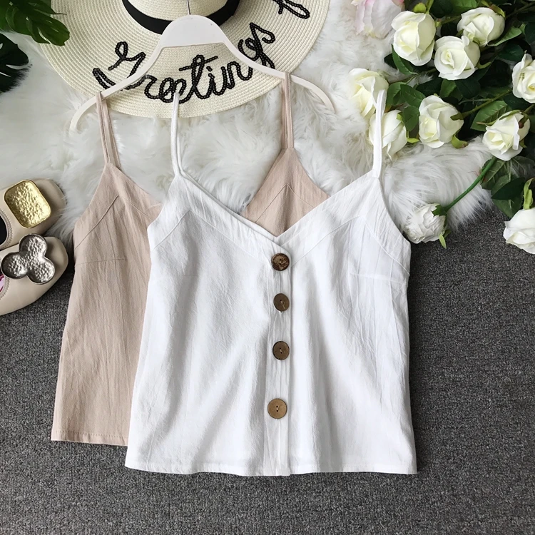 

Women Sleeveless Bottom Shirt Retro Chic Chiffon Vest Lady Single Breasted Short Crop Tops Outside Wearing Camis F056