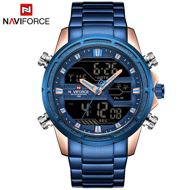 Blue NAVIFORCE Топ люксовый бренд Мужские Цифровые Аналоговые военные золотые стальные часы модные спортивные водонепроницаемые часы Relogio Masculino - Цвет: Blue