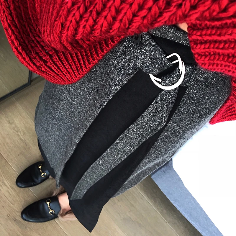 Mode Ceintures Jupe mollet Femme Automne Cru Patchwork Loisirs Gris Noir Laine Tempérament Femelle De Mi wCPqa