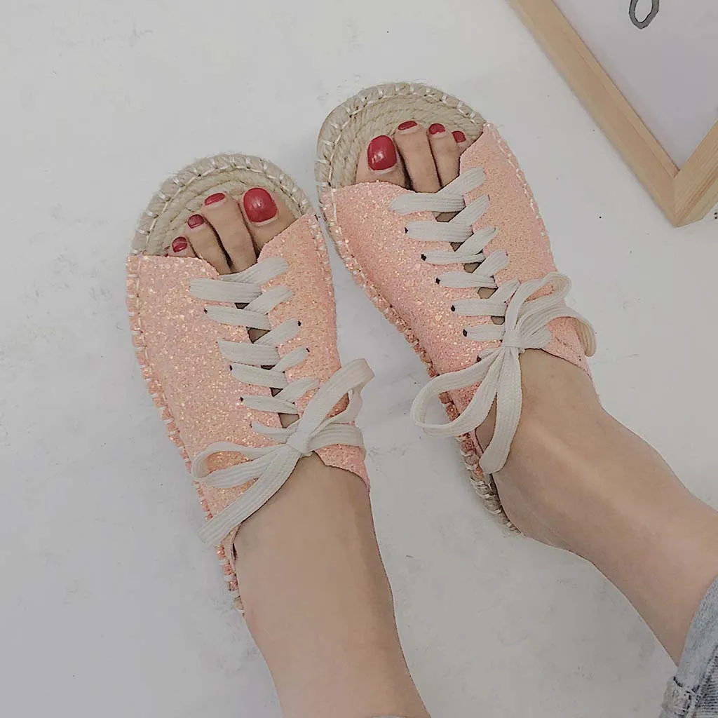 Summer Women Flax Slippers Flat Bottom Leisure Hemp Upper Material Lace Straw Knitting Round Toe Shoes Low Heel June 13