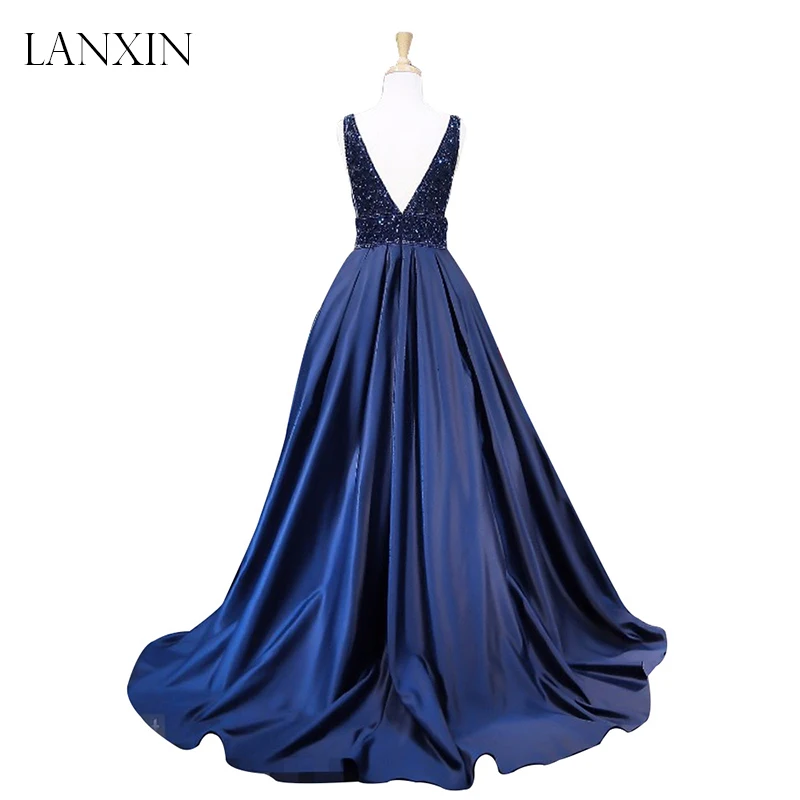 Ярко-синий длинный платье для выпускного вечера Robe de Soiree Кристаллы V шеи открытая спина Длина пола атласное женское вечернее платье abendkleider