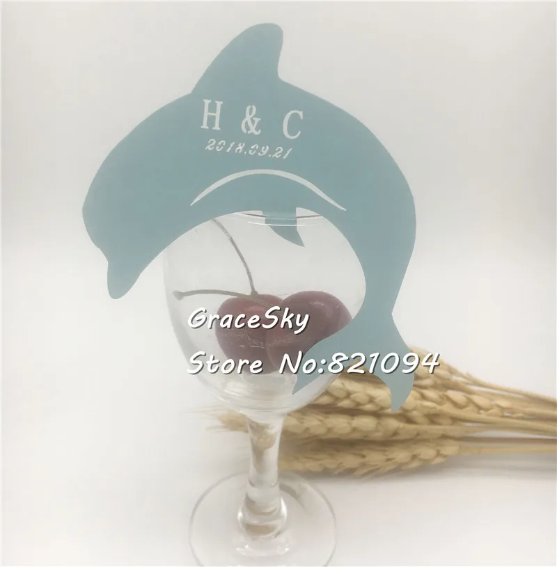 

50pcs/lot Free Shipping laser Cut Dolphin Wedding Birthday Party Decoration Personalized name Card Seat Invitation Cup Card