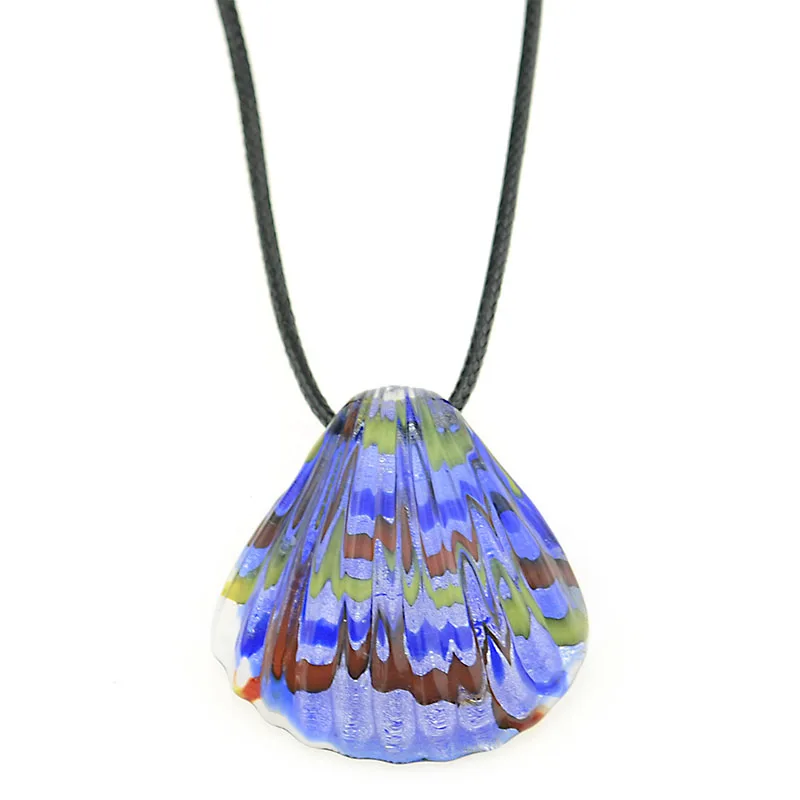 

Handmade Sea Shell Murano Colorful Strepe Lampwork Glass Ox Horn Pendant Fit Necklace Gold Dust & Silver Foil Women Free cord