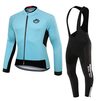 

WOLFKEI 2019 New blue-black Autumn Ropa Ciclismo bike clothing MTB bike maillot long bib tights Cycling jersey sets #WK2550