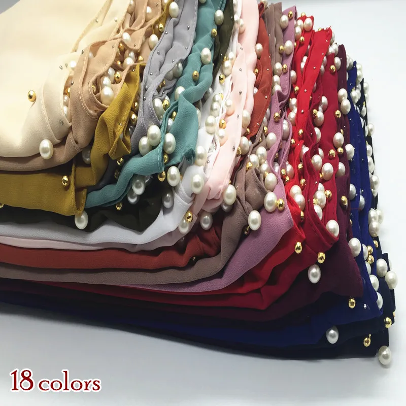 

New arrival bubble chiffon scarf scarves pearls bead women muslim hijab headbands shawls fashion foulard 22 color mulffer