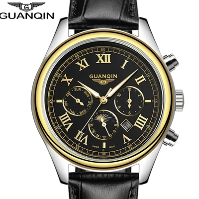 Водонепроницаемые роскошные винтажные мужские часы из натуральной свиной кожи бренда GUANQIN - Цвет: Black gold
