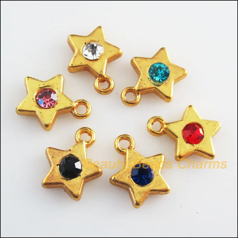 12 New Charms Mixed Crystal Smooth Star Pendants Gold Color 11x14mmin