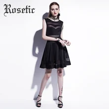 Rosetic Casual Women Dresses 2017 Summer Hollow Sexy Party Sleeveless Gothic Dress Patchwork Black A-line Mini Casual Goth Dress