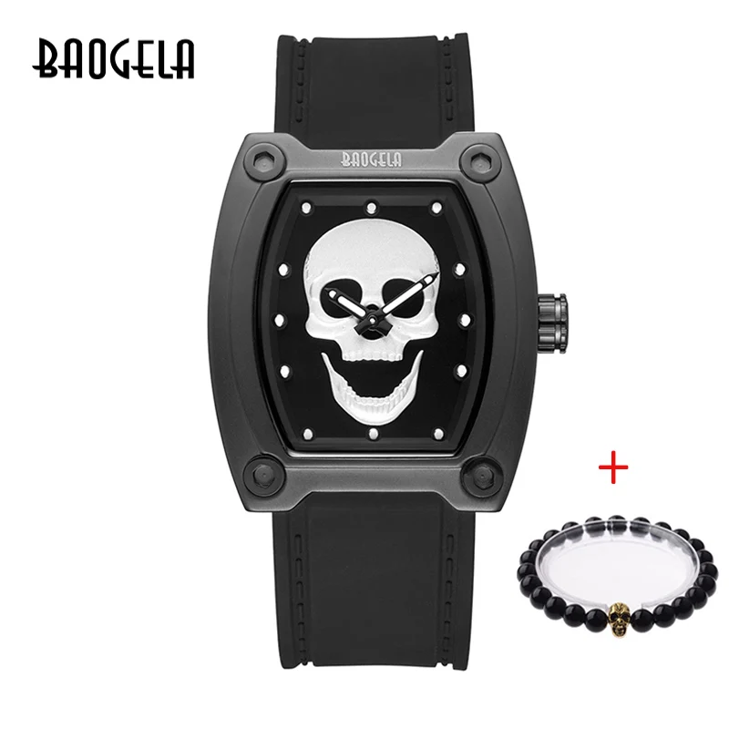 BAOGELA nouveau Спорт кварцевые squelette montres bande de Silicone грудь для люминисцентных crâne montre-браслет homme Relogios Mascu - Цвет: 1810-Black silver