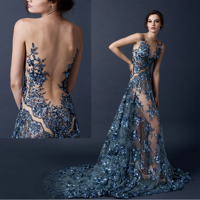 Stunning Sexy Tulle Evening Dresses See Through with Long Train Luxury Shinning Prom Party Gown Vestido