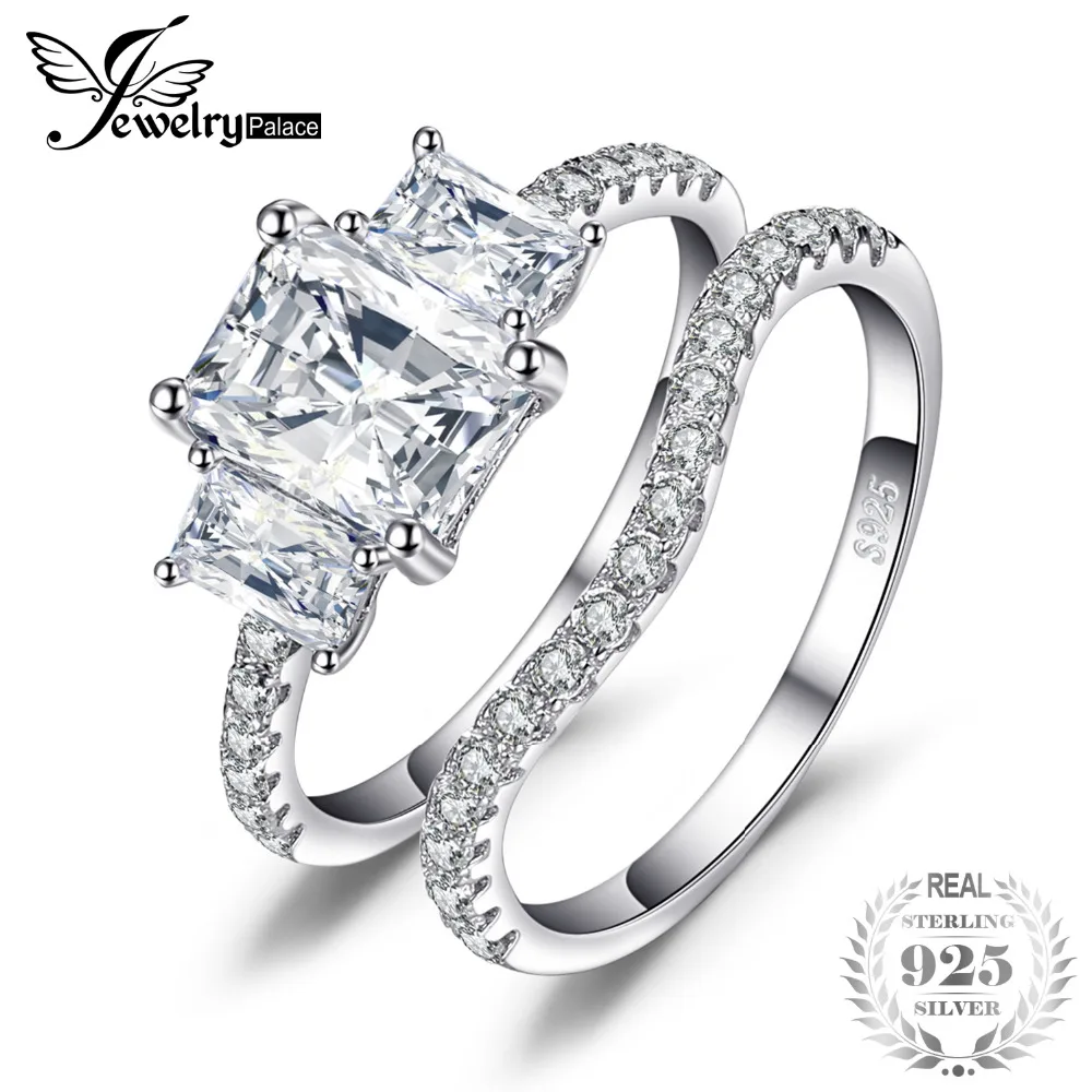 

JewelryPalace Wedding 2.6ct Cubic Zirconia Bridal 3 Stone 925 Sterling Silver Fashion Ring Set For Women 2017 New hot selling