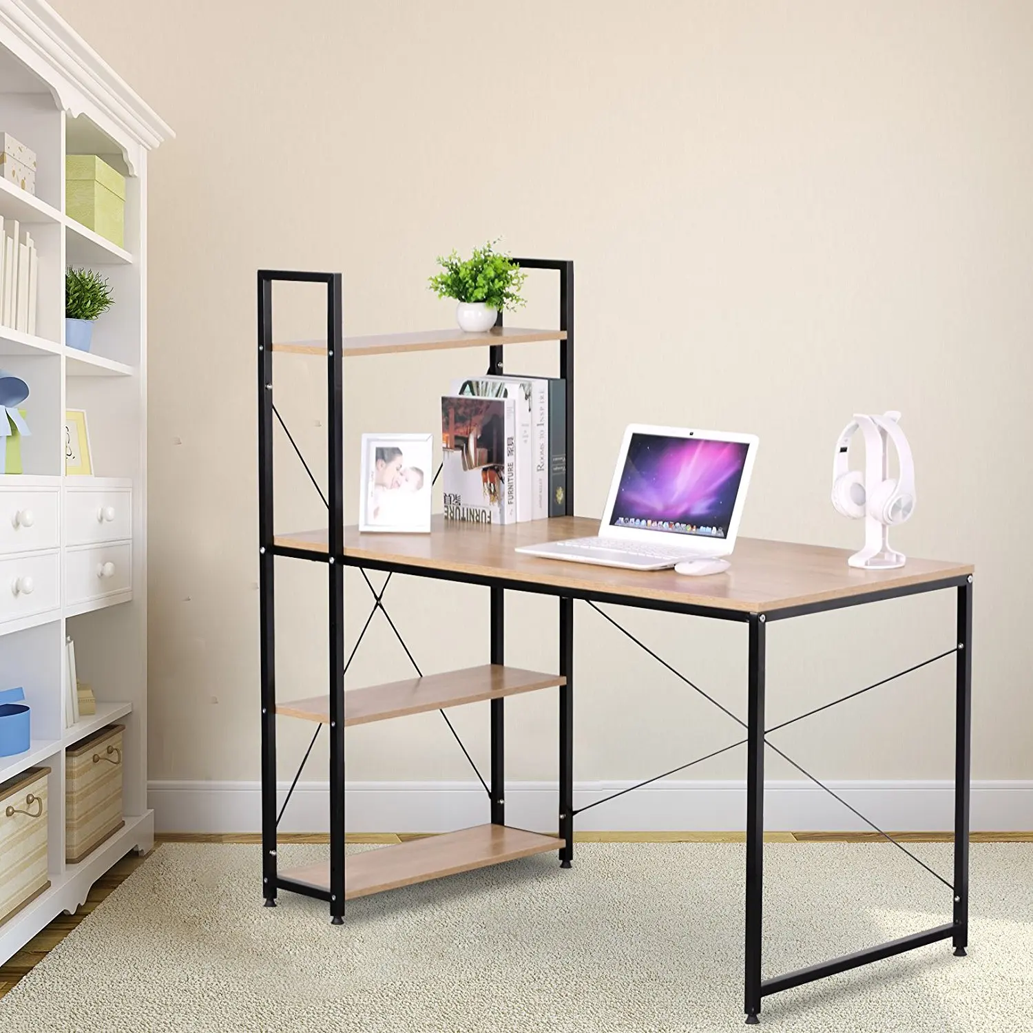 

Portable Corner Computer Desk for Small Spaces with Wood 4 Shelves Storage