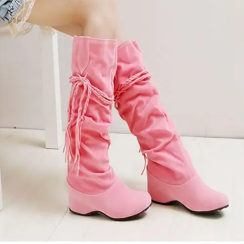 Large size boots US 4-11 New Pink Sexy Velvet Knee High Flat Boots Snow Round toe Bowtie Ladies' shoes QCH-2 | Обувь