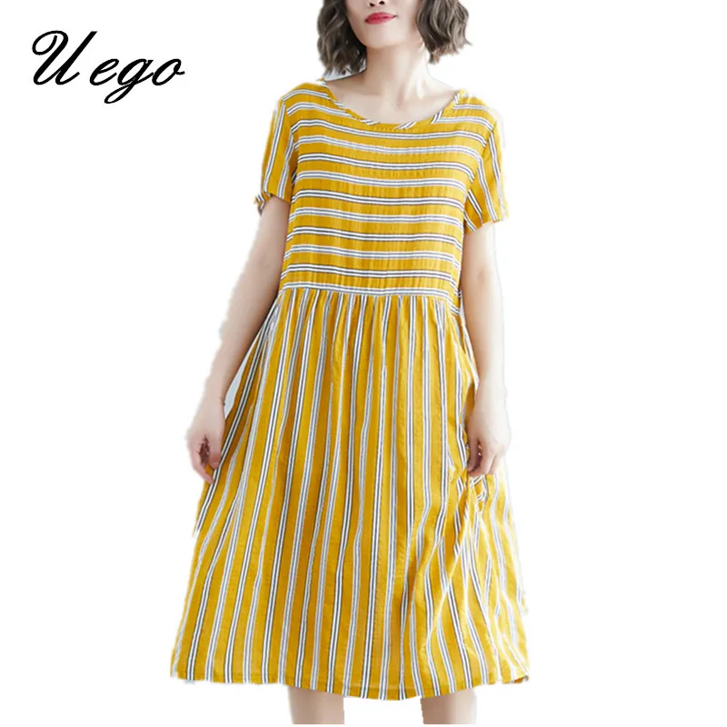 

Uego 2019 New Arrival Yellow Striped Preppy Style Summer Dress Soft Cotton Linen Plus Size Loose Women Casual Midi Dress