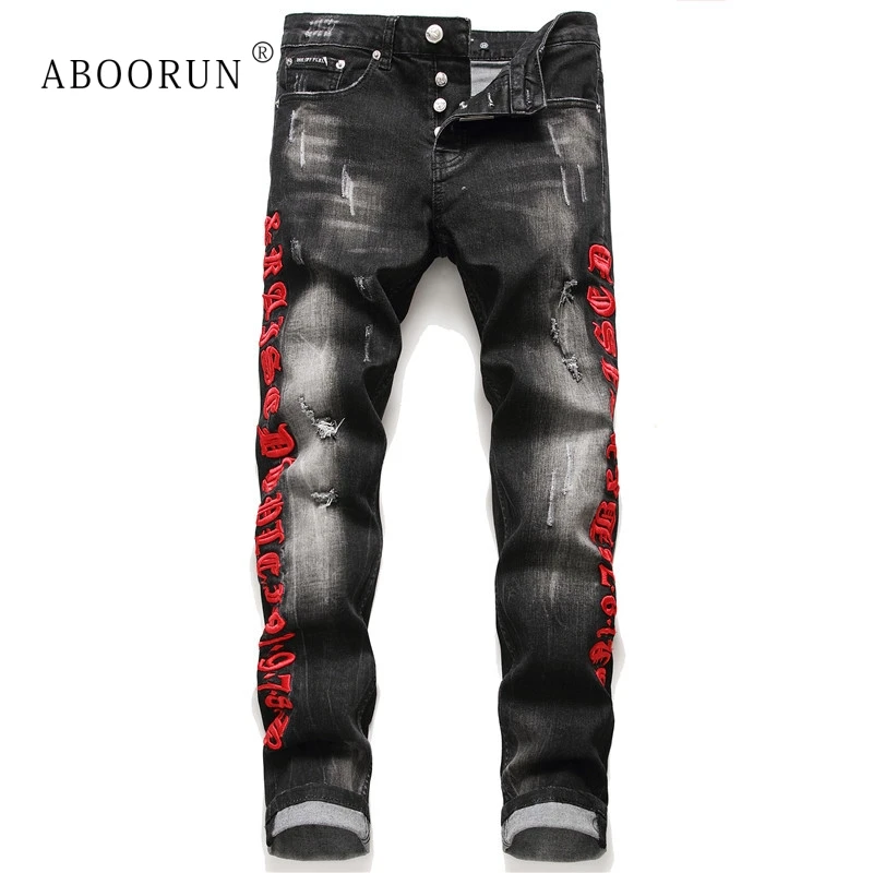 

ABOORUN Gothic Embroidery Jeans Men's Fashion Ripped Hole Jeans Brand Skinny Pencil Jeans for Male