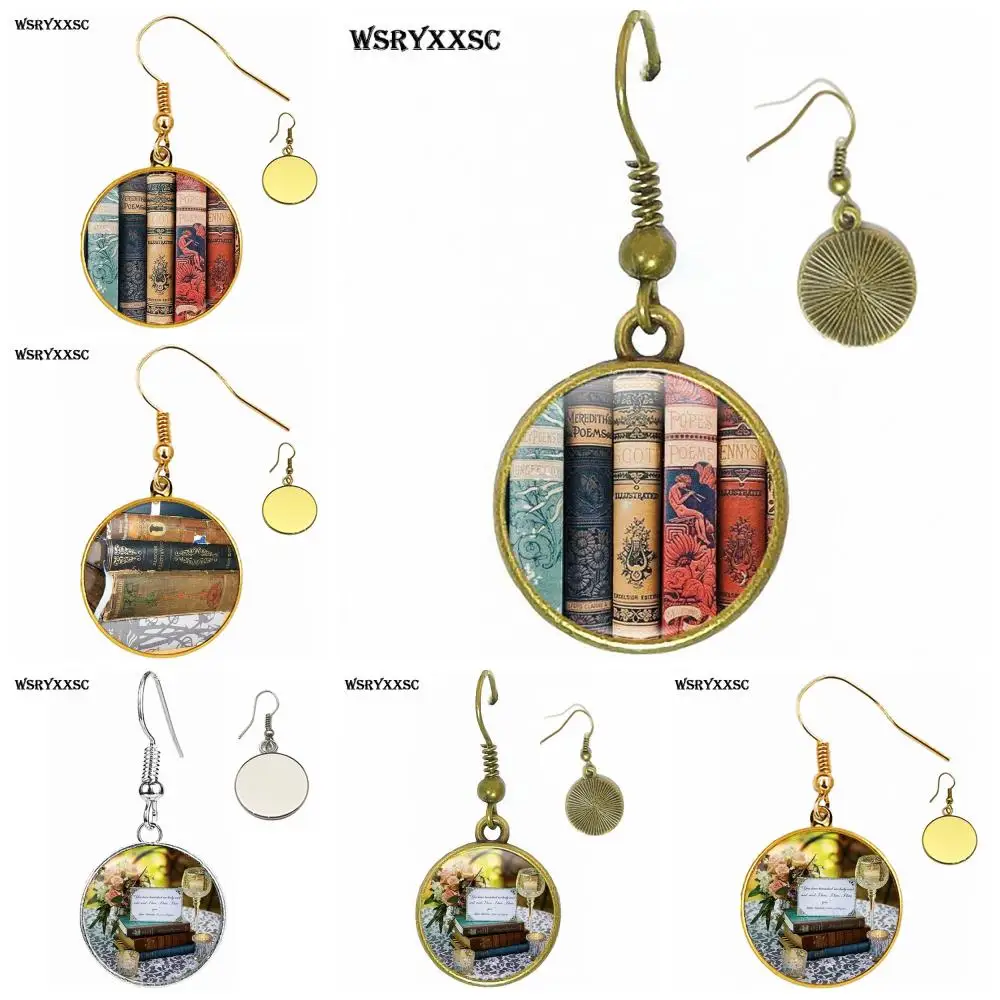 

EJ Glaze For Girls Color Jewelry With Glass Cabochon Bronze/Silver/Golden Clip Ear Hook Drop Earrings Antique Books