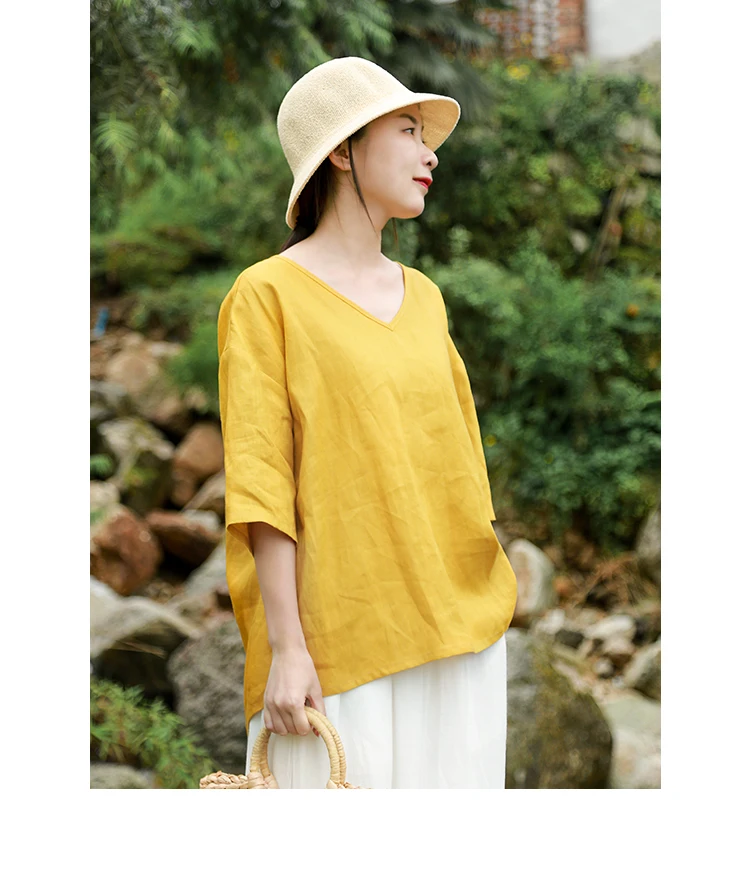 LZJN Women Tops and Blouses 2019 Summer V Neck Short Sleeve Linen Shirt Casual Loose Work Blouse RetroTop Plus Size Blusas (16)
