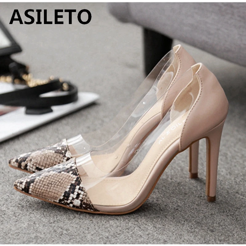 

ASILETO Clear PVC Transparent Pumps Sandals Thin high Heel Stilettos Point Toes Womens Party Shoes Nightclub Pumps patchwork