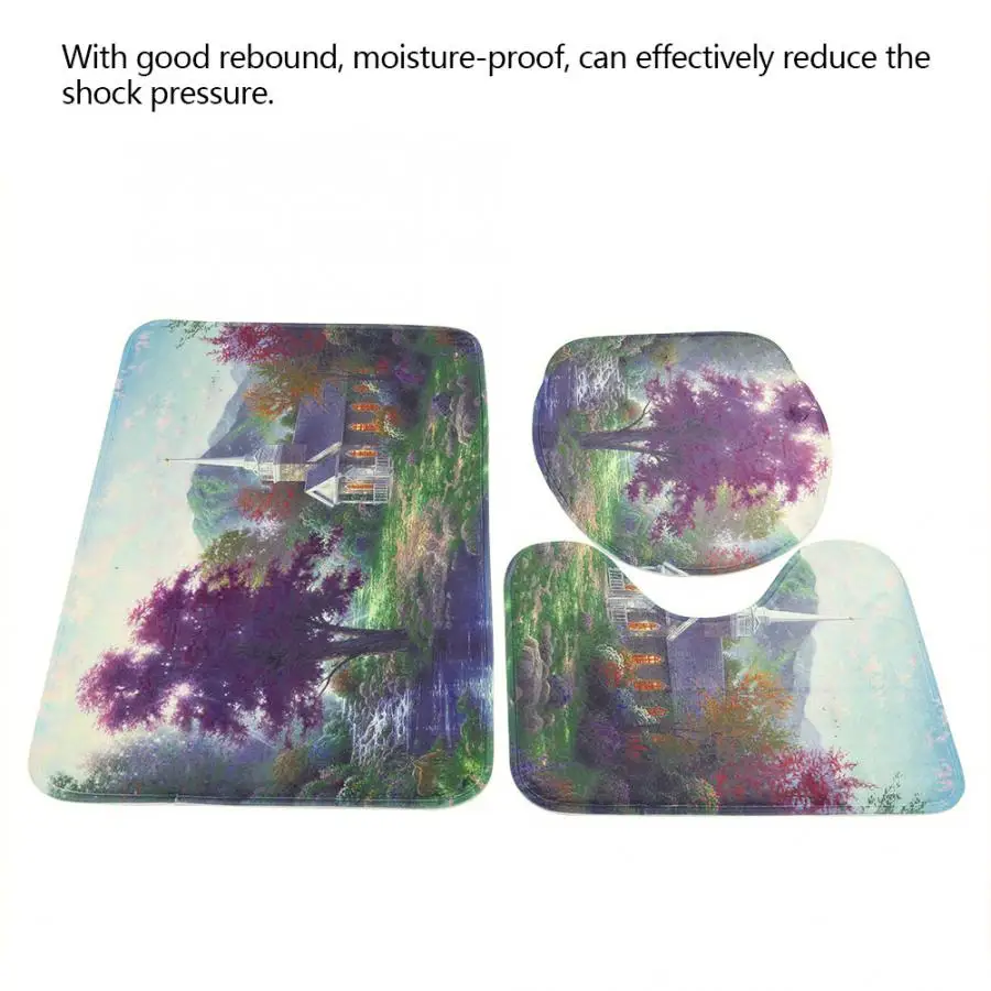 3pcs Flower Prints Pattern Bathroom Non-Slip Mats Shower Mats Set Toilet Mat U-shape Mat