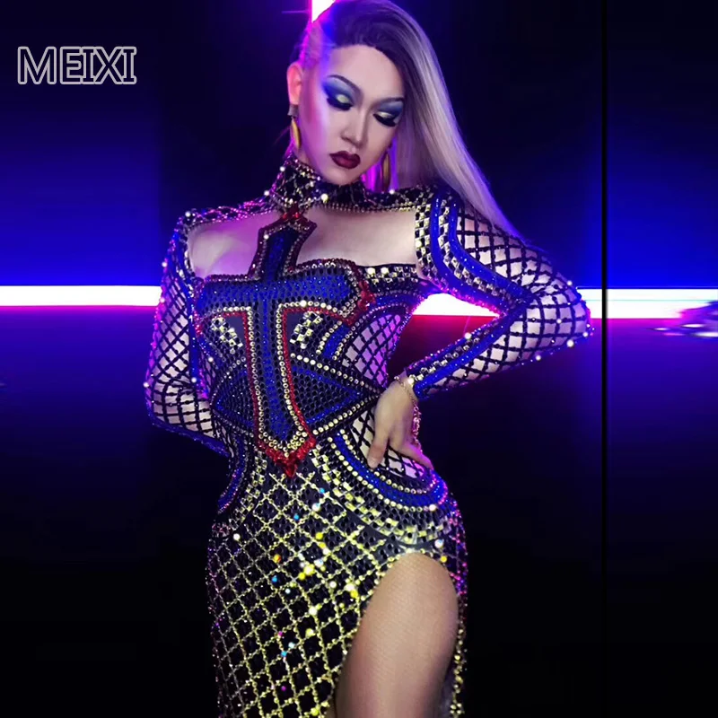 Halloween blue cross full diamond drag tail elastic bar nightclub concert singer dancer costumes Halloween blue cross full diamond drag tail elastic bar nightclub concert singer dancer costumes