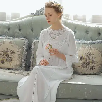 

Sprincess cotton Nightgowns 2019 spring new full sleeve lace patchwork sleepwear vintage style round neck sweet hoemclothes x468