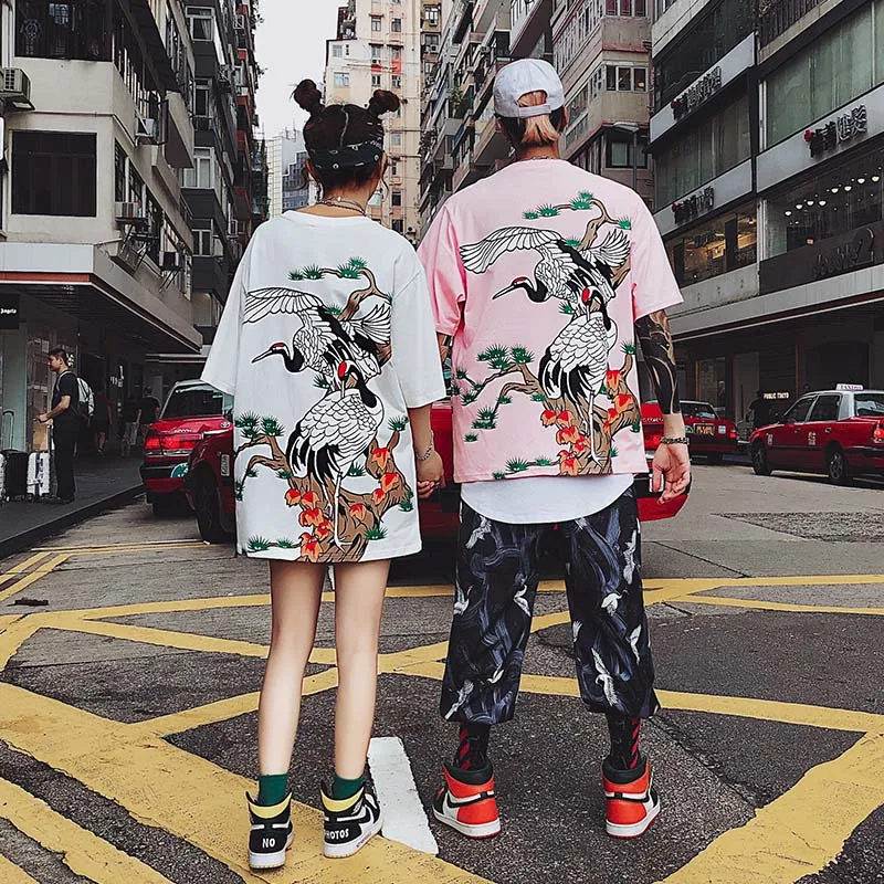 Японский летающий кран печатных футболки с коротким рукавом мужские Harajuku стиль Гавайская футболка мужские повседневные футболки уличная