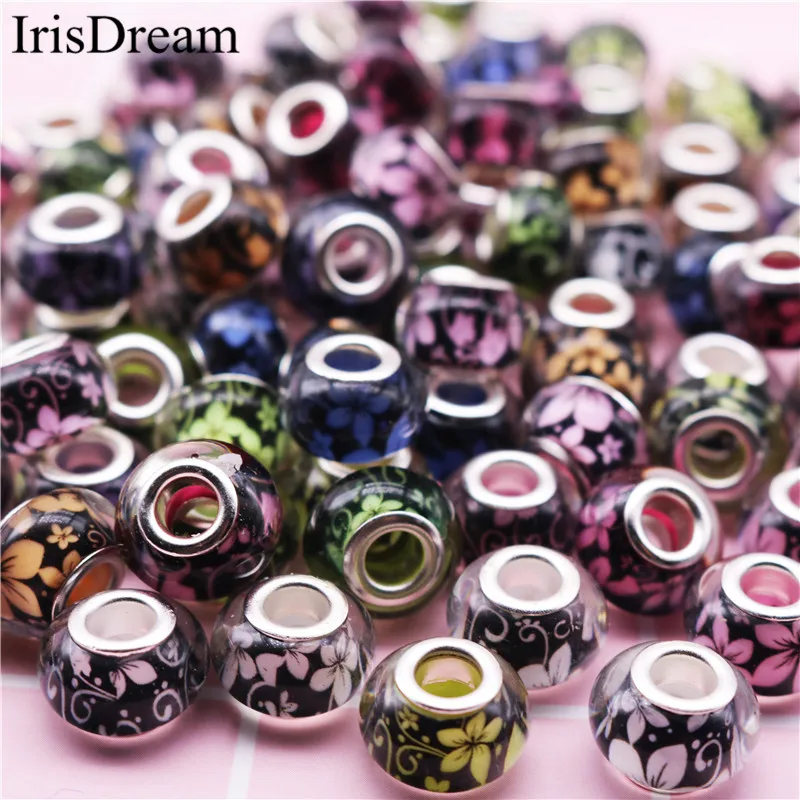 

50Pcs Lot Big Hole Rould Loose Footmark Footprint Glass Murano Resin Beads Fit Pandora Charms Bracelet DIY Jewelry
