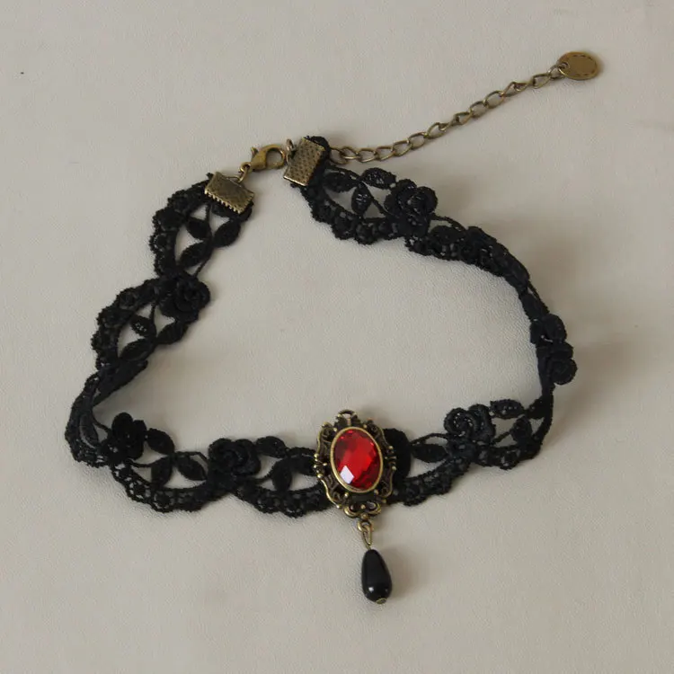 FidgetKute Hallows Retro Black Lace Choker Necklace with Simulated Ruby Costume 12 to 14 FidgetKute Hallows Retro Black Lace Choker Necklace with Simulated Ruby Costume 12 to 14