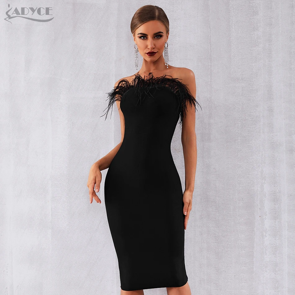 Adyce 2019 New Summer Women Bandage Dress Vestidos Sexy Black Feathers Sleeveless Strapless Bodycon Club Celebrity Party Dress