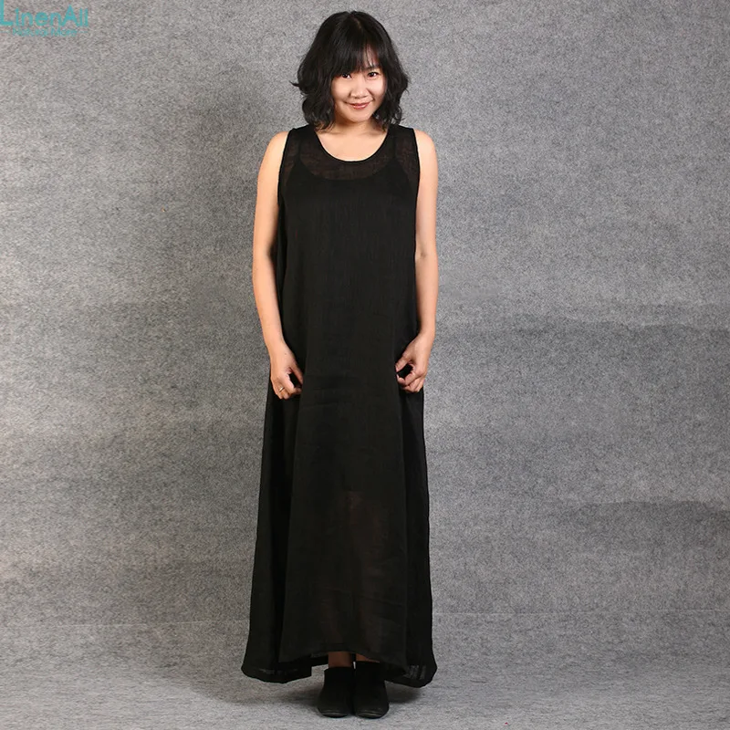 LinenAll women's clothing, female black long tank dress,100 pure linen