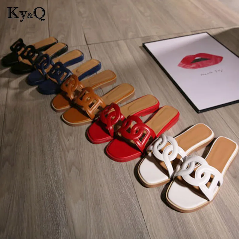 

2018 Women Genuine Leather Luxury brand new slippers cut out summer beach sandals Fashion outdoor slippers indoor flip flop
