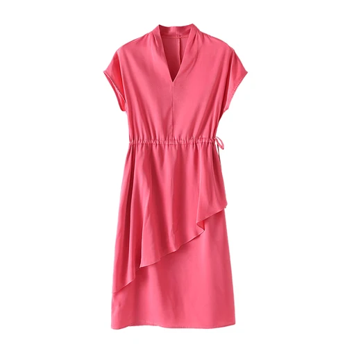 

2019 New Style Summer Women Fashion Temperament Silk Dresses Short Sleeve Office Lady V-neck Work Wear Slim Elegant Dress