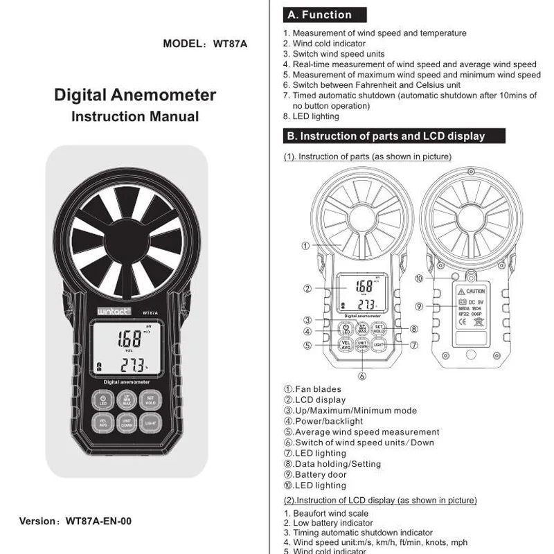 WT87A цифровой анемометр термометр измеритель скорости ветра Измеритель ветра 30 м/с ЖК-цифровой Ручной инструмент