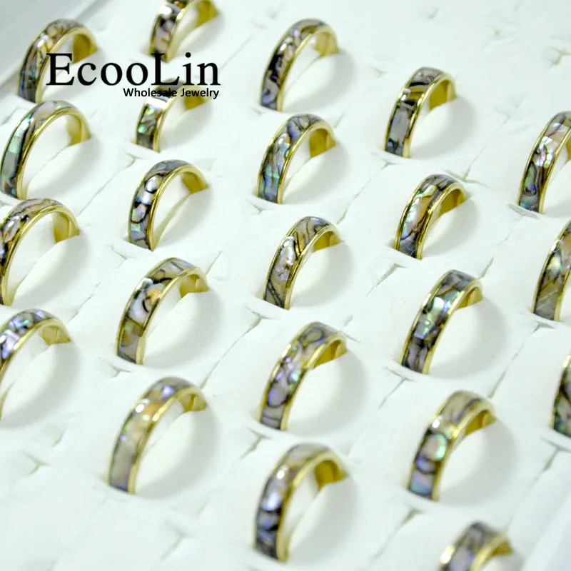 50Pcs EcooLin Brand Fashion Natural Shellfish Abalone Shell Stainless Steel Rings For Women Jewelry Lots Bulk LR4028 | Украшения и