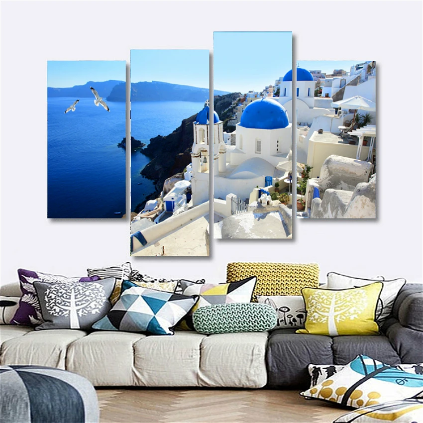 4 панели печать на холсте Греции церквей белого синего Эгейского моря настенная
