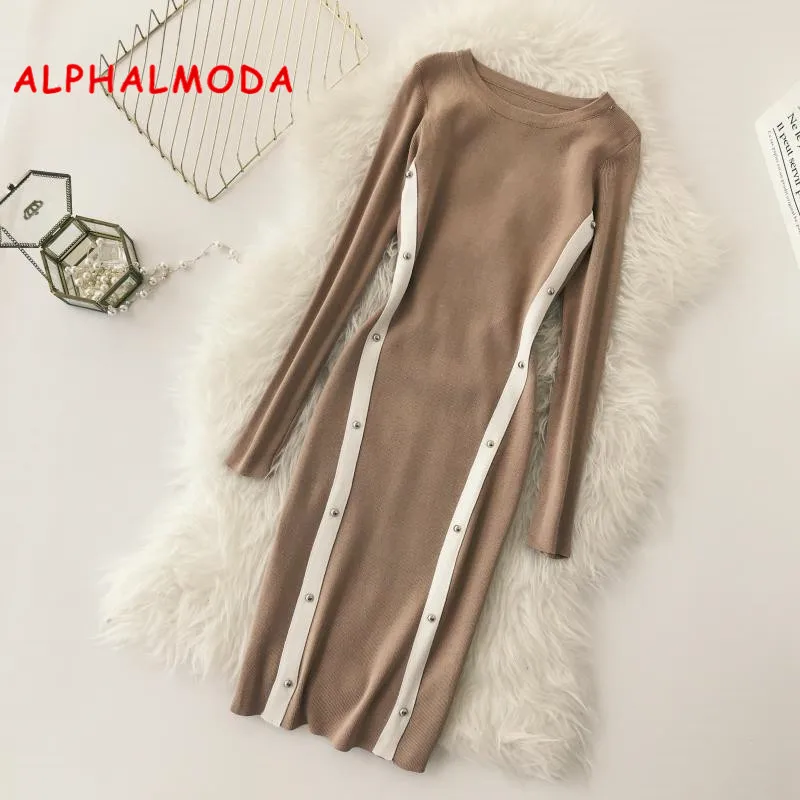 ALPHALMODA OL Graceful Knitting Vestidos Winter 2018 Women New Block Color Rivet Striped Dress Slim Pullovers Knit Vestido ALPHALMODA OL Graceful Knitting Vestidos Winter 2018 Women New Block Color Rivet Striped Dress Slim Pullovers Knit Vestido