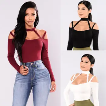 

Sexy Women's Off Shoulder Bodycon Bodysuit Tops Bandage Choker Slim Long Sleeve Rompers Tops Jumpsuit Playsuit Sunsuit Clothes