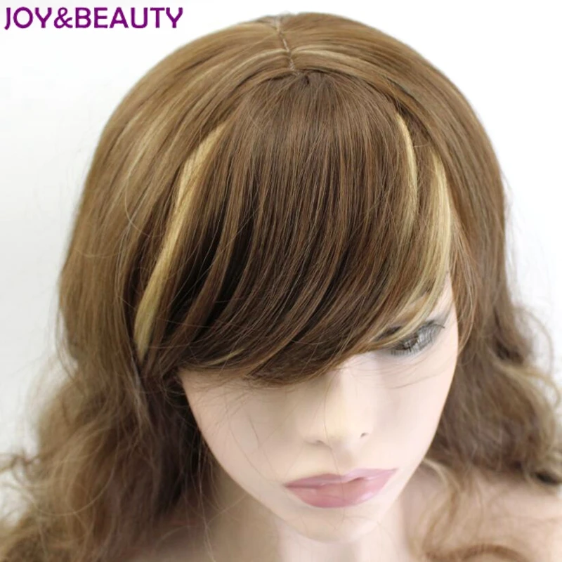 JOY& BEAUTY Наклонный взрыва длинные волнистые парик высокая температура волокно Коричневый Золотой смешанный цвет Синтетический Hiar 24 дюймов для женщин парики