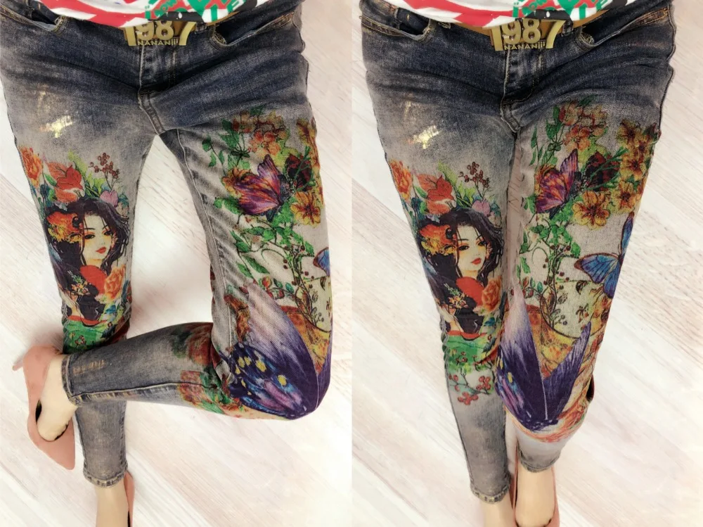 Женские элегантные стильные джинсовые брюки с 3D цветочным рисунком, брюки, джинсы с 3D принтом, женские Стрейчевые обтягивающие джинсы