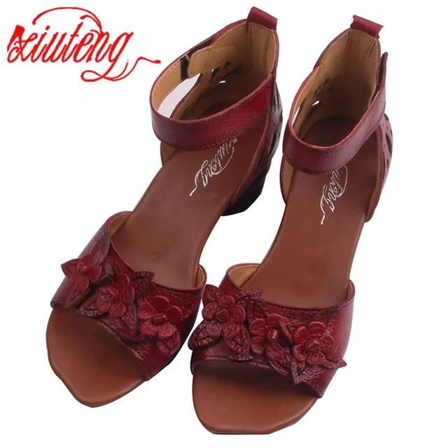 Xiuteng New Summer Thick high heels Sandals Genuine Leather Women Shoes Flower Personality Leisure Women Handmade Sandals sapato