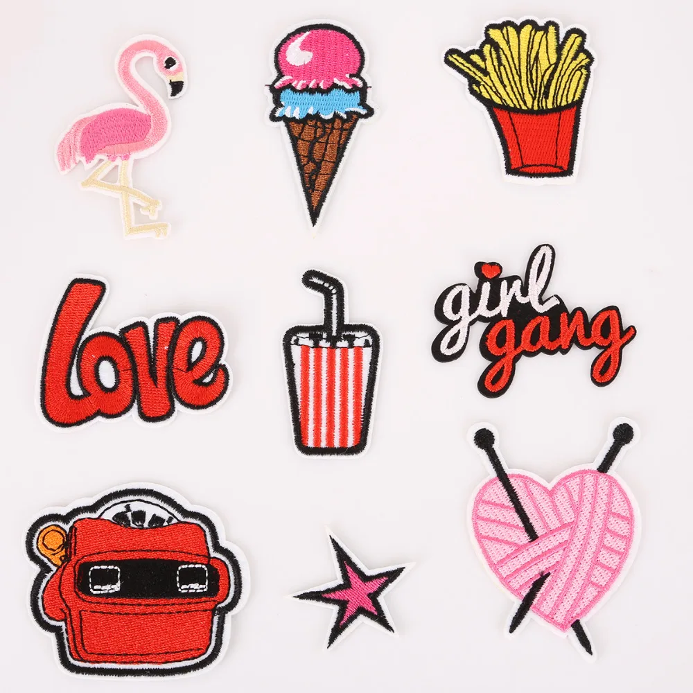 

9PCs/set Mixed Iron On Patch For Clothing Embroidery Patch Flamingo Badge Stripes Stickers For Clothes Jeans Applications DIY
