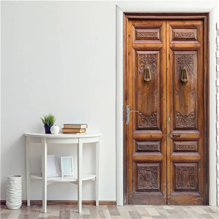 Ретро деревянные наклейки на дверь ПВХ водонепроницаемые обои для дверей гостиной спальни домашний декор Фреска Сделай Сам обновленная наклейка 90x200 см - Цвет: DZMT053