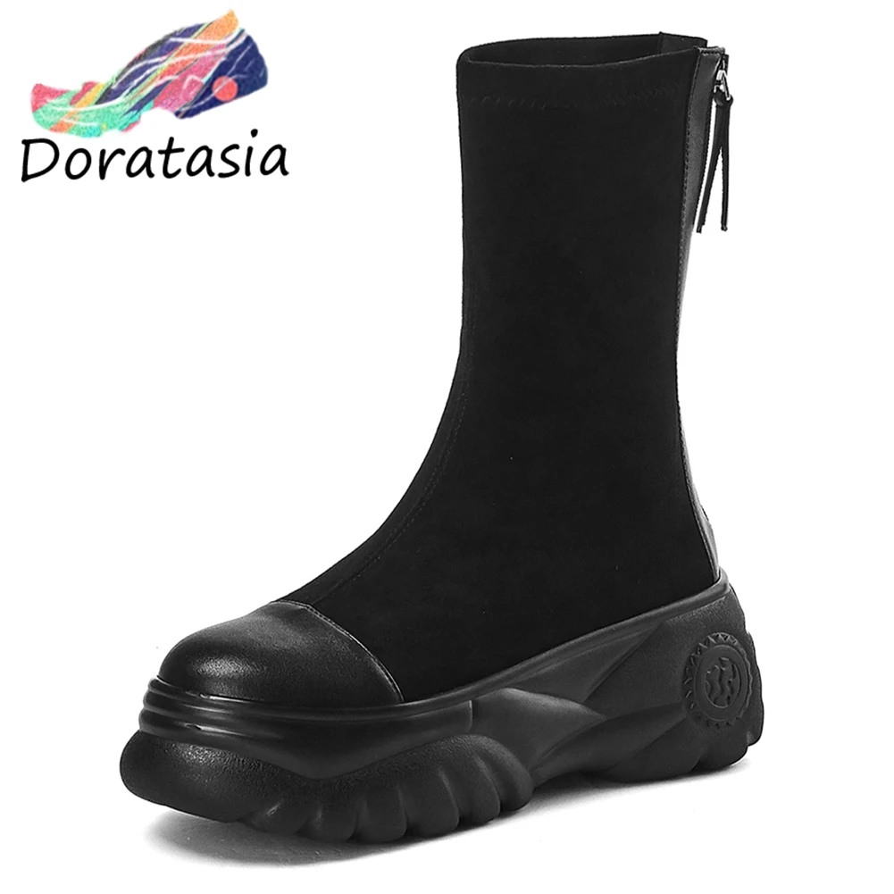 

DORATASIA 2019 New Flock Genuine Cow Leather Ankle Booties Women 2019 Autumn Zipper Flat Platform Thick Heels Shoes Woman
