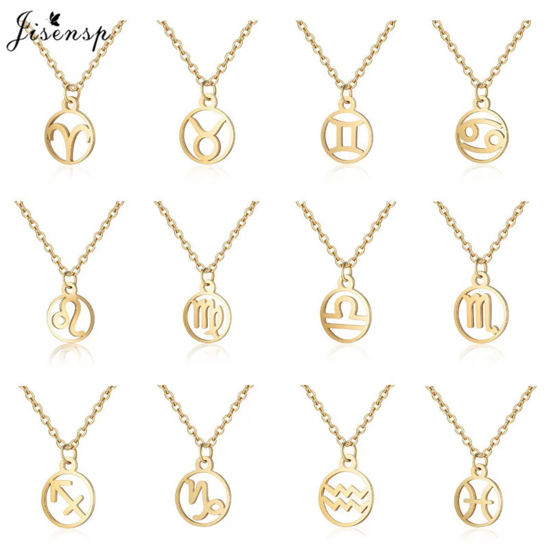 

Jisensp 12 Constellation Pendant Necklace for Women Girls Jewelry Necklace Gold Simple Round Zodiac Sign Necklaces Birthday Gift